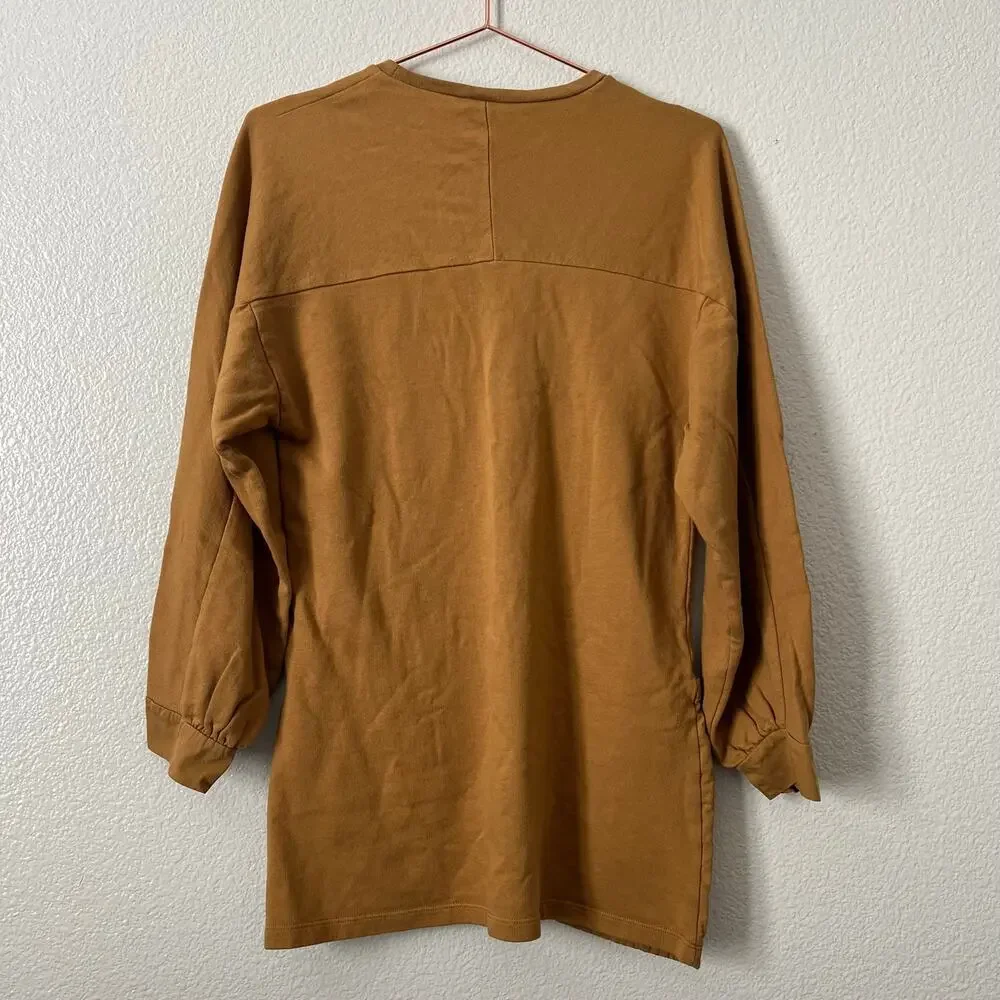 Zara Sweatshirt Tunic Top front pockets tan burnt yellow